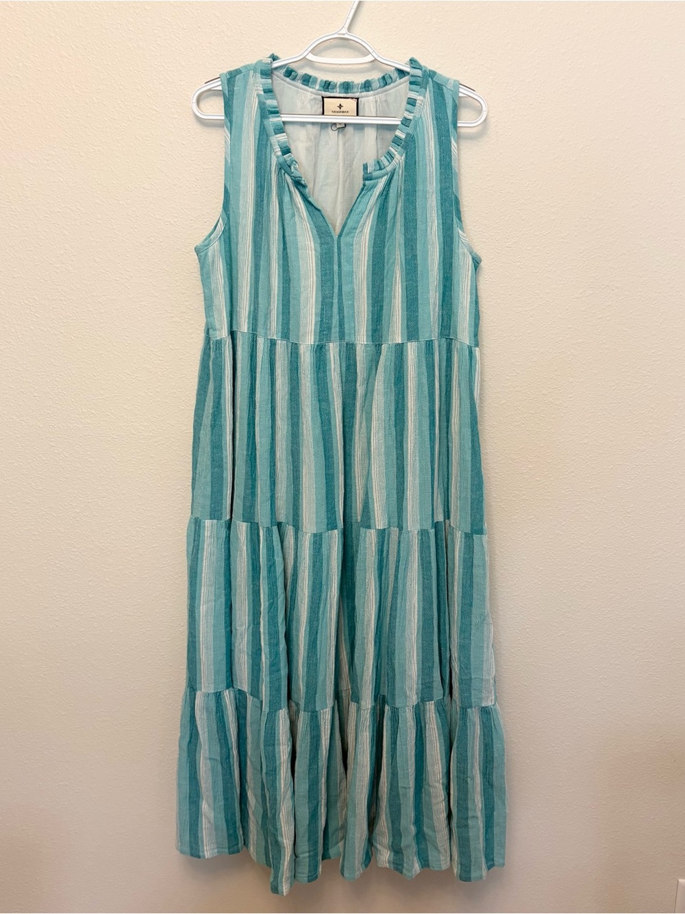 Tuckernuck Beach Aquamarine Stripe Salty Paloma Caftan Maxi Dress Coastal Sz L